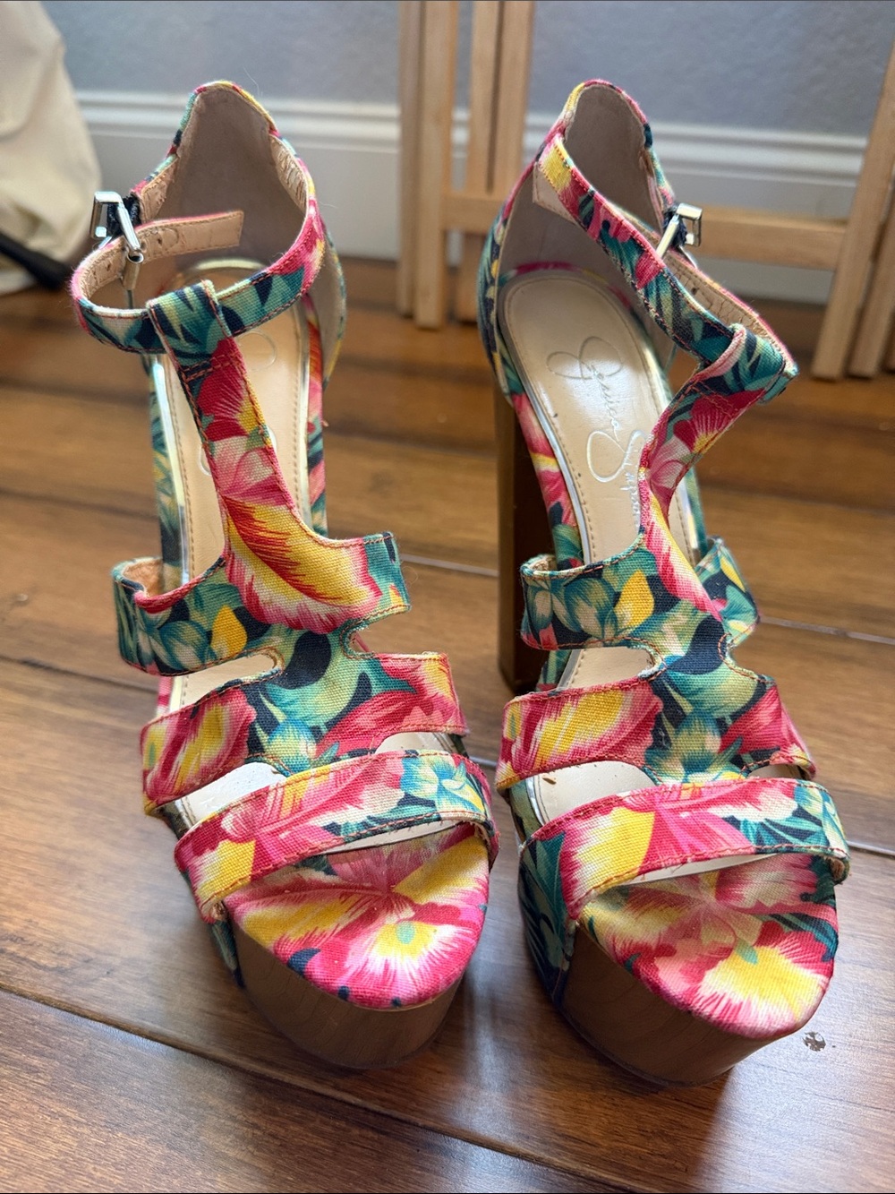 Jessica Simpson Floral Pink Yellow Green Platform Sandals